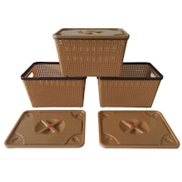 Nakoda Rattan Plastic Laundry Basket with Lid - Set Of 3 Pcs