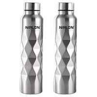 Nirlon Crystal Cool Diamond Cut Stainless Steel Water Bottle, 1000 ml, Silver, Pack of 2