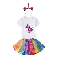 Girl's Unicorn Printed T-shirt and Tutu Skirt with Head Band, JZ0945715, Multicolour, Pack of 3
