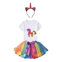 Girl's Unicorn Printed T-shirt and Tutu Skirt with Head Band, JZ0945717, Multicolour, Pack of 3