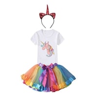 Girl's Unicorn Printed T-shirt and Tutu Skirt with Head Band, JZ0945720, Multicolour, Pack of 3
