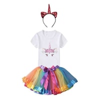 Girl's Unicorn Eyes Printed T-shirt and Tutu Skirt with Head Band, JZ0945716, Multicolour, Pack of 3