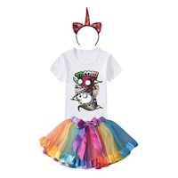 Girl's Cartoon Printed T-shirt and Tutu Skirt with Head Band, JZ0945714, Multicolour, Pack of 3