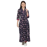 DEGE Women's Floral Printed Kurti, 19586542, Navy Blue