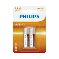 Philips LongLife AA R6 Zinc Chloride Battery, White/Red/Orange, 2-Piece