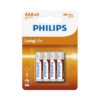 Philips LongLife AAA R03 Zinc Chloride Battery, White/Red/Silver, 4-Piece