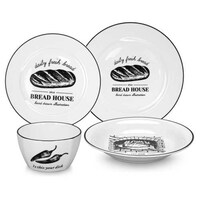 Pulcon 16-Piece New Bone Ceramic Dinner Set with Black Decal - Carton of 2 Sets