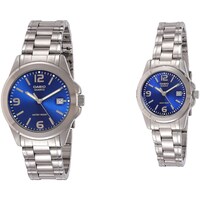 Casio His & Her Blue Dial Stainless Steel Band Couple Watch, MTP/LTP-1215A-2A