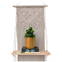Picture of Ecofynd Macrame Wall Hanging Wooden Shelf, SH024, Ivory, 16 inch