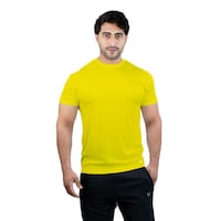 Harley Fitness Dry-Fit Active Athletic Round Neck Plain T-Shirt for Mens, L, Yellow