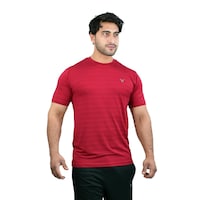 Harley Fitness Dry-Fit Active Athletic Round Neck Horizontal line T-Shirt for Mens, M, Red