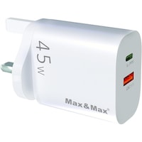 Max & Max Dual Port USB and Type-C GaN Fast Charger, 45W, White