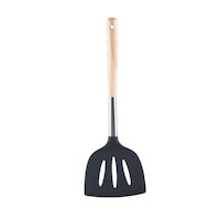 Vague Silicone Big Slotted Turner with Oak Wood Handle, Grey