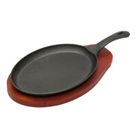Vague Ovel Shape Cast Iron Sizzling Pan With Wooden Base, Black & Brown