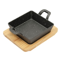 Picture of Vague Square Shape Cast Iron Sizzling Pan With Wooden Base, 15.5cm