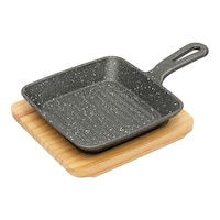 Vague Square Shape Cast Iron Sizzling Pan With Wooden Base, Black & Brown