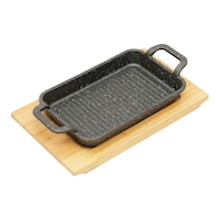 Picture of Vague Rectangle Shape Cast Iron Sizzling Pan With Wooden Base, Black & Brown