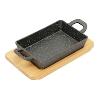 Picture of Vague Rectangle Shape Cast Iron Sizzling Pan With Wooden Base, Black & Brown