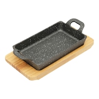 Picture of Vague Rectangle Shape Cast Iron Sizzling Pan With Wooden Base, 25x11.5cm