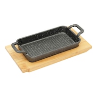 Picture of Vague Rectangle Shape Cast Iron Sizzling Pan With Wooden Base, 28x13.5cm