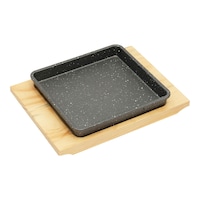 Picture of Vague Square Shape Cast Iron Sizzling Pan With Wooden Base, Black & Brown