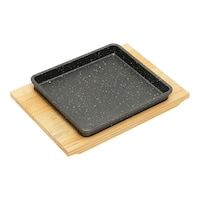 Picture of Vague Rectangle Shape Cast Iron Sizzling Pan With Wooden Base, 19x17cm