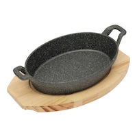 Picture of Vague Ovel Shape Cast Iron Sizzling Pan With Wooden Base, Black & Brown