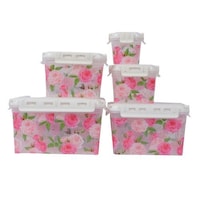 Yuhan Flower Printed Plastic Box, Set of 5pcs, Pink & White