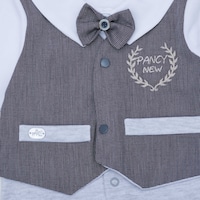 Pancy Checkered Coat & Tie Design Cotton Babyboy Jumpsuit, Grey & White