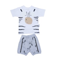 Pancy Cartoon Design Cotton Babyboy Shirt & Pant 2Pcs Set, Grey & White