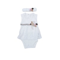 Pancy Flower & Net Design Cotton Babygirl Bodysuit with Headband, White