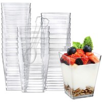 Picture of Fufu Square Plastic Dessert Cups with Spoon, Clear, Pack of 50