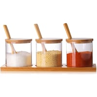 Fufu Glass Spices Condiment Container with Wooden Spoon & Lid, Pack of 3