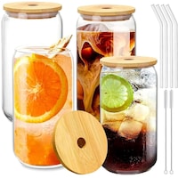 Picture of Fufu Drinking Glasses with Bamboo Lids and Glass Straw, 475ml, Set of 4