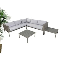 Swin Rattan 5 Seater Sofa Set with Cushion & 2 Coffee Table, Light Grey