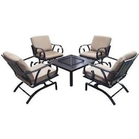 Oasis Casual 4-Seater Outdoor Rocking Chairs with Firepit Table Set, Brown - Set of 5