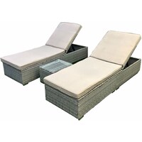 Oasis Casual Rattan Sun Loungers with Side Table, Grey & Beige - Set of 3