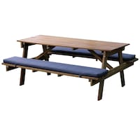 Picture of Oasis Casual Teak Wood Picnic Table with Attached Benches, Navy Blue & Brown