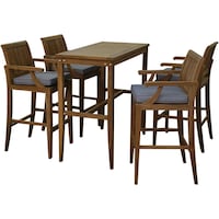 Oasis Casual 4-Seater Teak Wood Bar Table & Chair Set, Brown & Grey - Set of 5