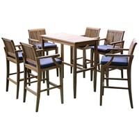 Picture of Oasis Casual 6-Seater Teak Wood Bar Table & Chair Set, Brown & Navy Blue - Set of 7