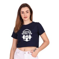 Picture of Trendy Rabbit Never Give Up Printed Crop T-Shirt, Navy Blue - Carton of 30