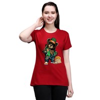 Picture of Trendy Rabbit Bear Printed Cotton Women T-Shirt, Red - Carton of 30