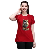 Picture of Trendy Rabbit Owl Printed Cotton Women T-Shirt, Red - Carton of 30