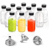 FUFU Small Clear Glass Bottles with Lids & 3 Stainless Steel Funnels, 56g - Pack of 12