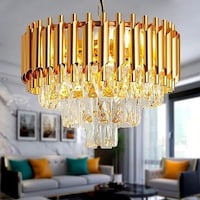 Picture of Hua Qiang Wang 3 Tier Crystal Round Raindrop Chandelier Light, Gold
