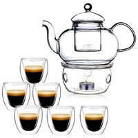 Lihan Double Wall Glass Teapot & Warmer Set, Clear - Pack of 8