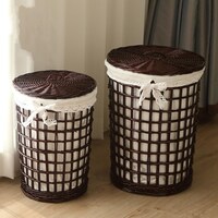 Picture of Mumoo Bear Rattan Round Storage Basket with Lining & Lid for Clothes, Dark Brown - Set of 2