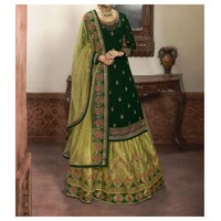 Picture of Semi-Stitched Stone & Embroidery Lehenga with Dupatta, Dark Green & Mehandi