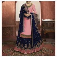 Picture of Peach & Navy Blue Semi-Stitched Stone & Embroidery Lehenga Set with Dupatta