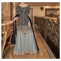 Picture of Semi-Stitched Embroidery sharara salwar suit with Dupatta, Black & Grey